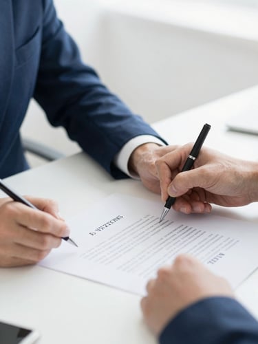 Close-up of professional hands signing a legal document on a clean desk, bright neutral daylight, sharp focus, 35mm