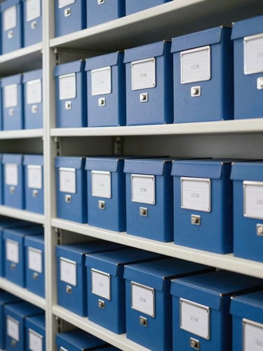 A beautifully organized physical archive room with neatly labeled boxes on clean steel shelves, bright neutral office daylight, sharp focus, 35mm
