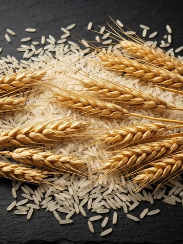 Straight-on premium commercial shot of raw basmati rice grains and golden wheat stalks on a matte black background, warm golden studio lighting