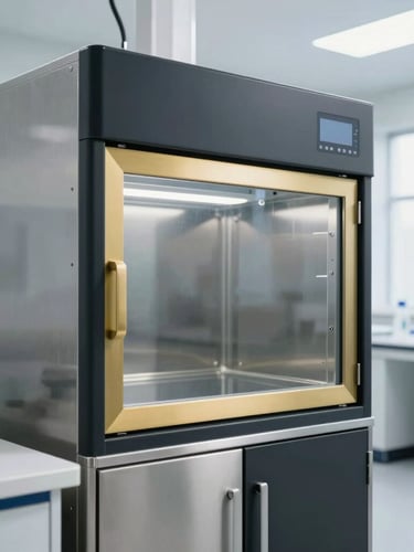 Crisp architectural view of a high-tech sanitization laboratory, stainless steel equipment, bright clinical daylight, sharp focus.
