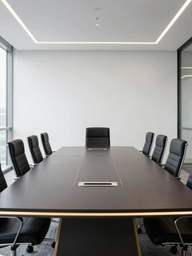 Straight-on medium shot of a modern, clean corporate boardroom table with minimalist gold accents and bright daylight, professional business environment