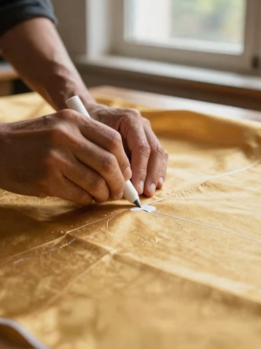 Hands of an experienced tailor marking rich golden-yellow silk with white tailoring chalk, warm natural light from a workshop window, detailed focus on textile texture