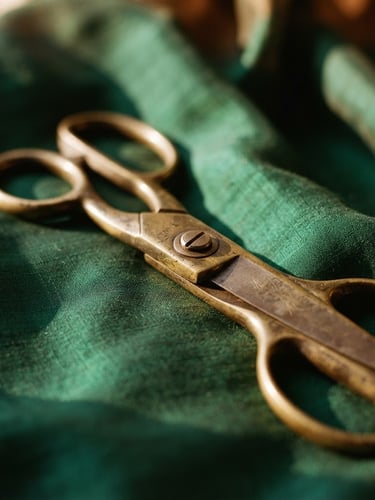 Close-up of heavy brass scissors resting on rich emerald green silk textile, warm directional side window light, soft rich shadows, 35mm photography