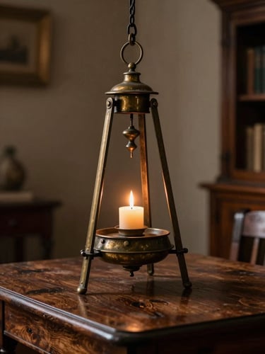 Gros plan sur un pendule en laiton ancien suspendu au-dessus d'une table en chêne sombre, éclairé par la lueur vacillante d'une bougie, atmosphère mystique et solennelle.