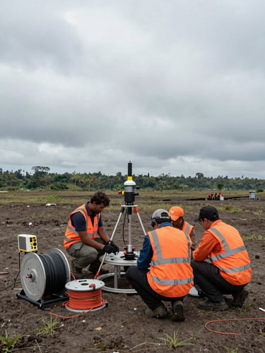 Wide environmental shot, overcast daylight — a geophysics survey crew in orange safety vests operating a resistivity probe array on open flat terrain in Indonesia, field instruments and cable reels visible in the foreground, distant tree line and grey sky filling the background, no one looking at camera