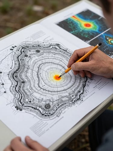 Close overhead view of a printed geological cross-section and resistivity tomography output spread across a field table, a geophysicist's hand pointing at a low-resistivity anomaly zone, pencil annotations visible on the sheet, overcast natural light