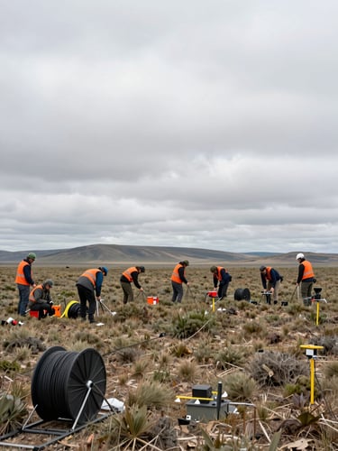 Wide environmental shot, overcast daylight, a field survey team deploying a resistivity electrode array across open terrain, cable reels and measurement stakes visible in foreground, flat scrubland extending to distant hills, no workers facing camera