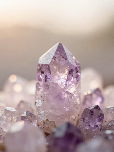 Close-up of raw amethyst crystal catching soft diffused golden-hour light, pastel rose tones, extremely shallow depth of field, 35mm