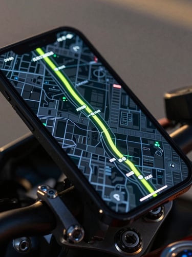 Extreme close-up of a smartphone mounted on a motorcycle handlebar, showing a glowing route map with a cyber-lime path, high-contrast night neon reflections on the screen.