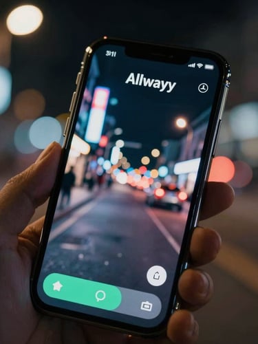 Extreme close-up of the Allwayy app interface on a physical phone held in a hand, high-contrast night neon reflections on the screen, dynamic city street blurred in the background, cinematic portrait framing.