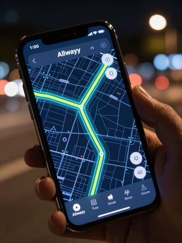 Extreme close-up of the Allwayy app interface on a physical phone held in a hand, glowing route map with electric-indigo and cyber-lime vectors, high-contrast night neon reflections, wide-angle street-level background motion blur.