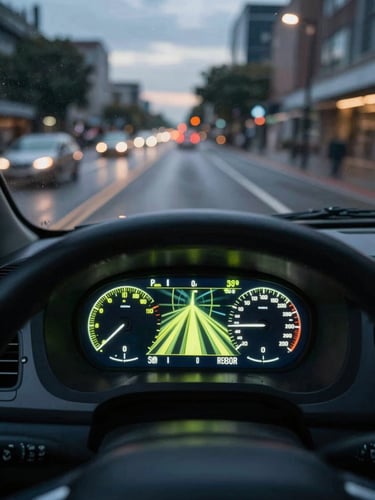 High-speed POV shot from inside a delivery vehicle moving through wet city streets at twilight, glowing dashboard screen showing dynamic cyber-lime routing lines, motion blur.
