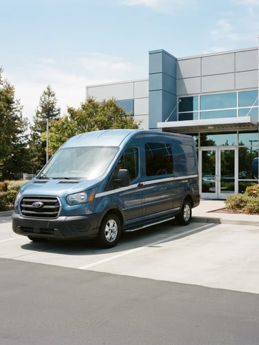 A branded service vehicle parked in front of the clean Concord facility, bright natural daylight, crisp blue and metallic tones, sharp focus, 35mm