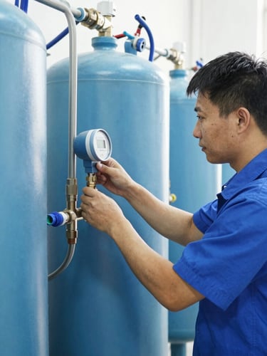 Medium eye-level shot of a certified water technician in a clean uniform adjusting a digital water meter on a newly installed filtration tank, bright utility room lighting, sharp focus on metallic fittings.