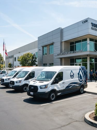 Branded service vehicles parked outside the clean, modern industrial office of Taylor Made Water Systems in Concord, bright daylight, 35mm