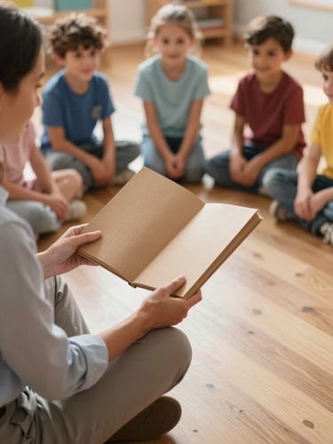 Low-angle shot of a teacher sitting on a wooden floor, holding open a thick paperboard book for a circle of engaged preschool children under warm natural daylight.