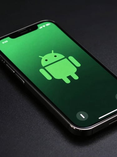 Dynamic angled close-up of a high-fidelity Android phone mockup displaying a dark-mode mobile interface with electric green highlights, low-key studio lighting with rim highlights, dark background.