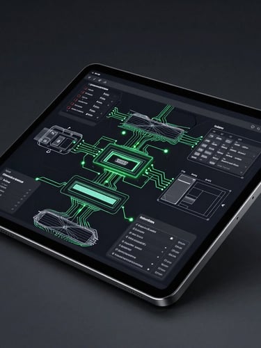 Dynamic angled close-up of a high-fidelity Android tablet mockup displaying complex wireframe schematics of application architecture, electric green rim-lighting on dark glass screen, deep charcoal background.