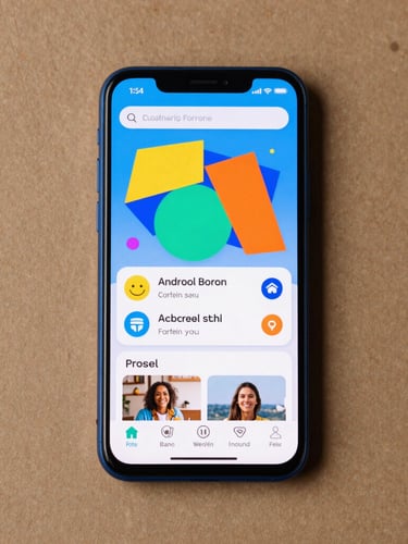 A crisp front-facing flat-lay of a modern Android phone displaying a vibrant educational app interface with geometric shapes, cyber blue edge lighting.