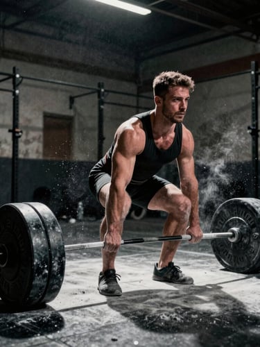 Dramatic low-key sports photography of a male powerlifter preparing for a heavy deadlift, dynamic chalk dust in the air, raw steel barbell, high-contrast shadows, 35mm film.