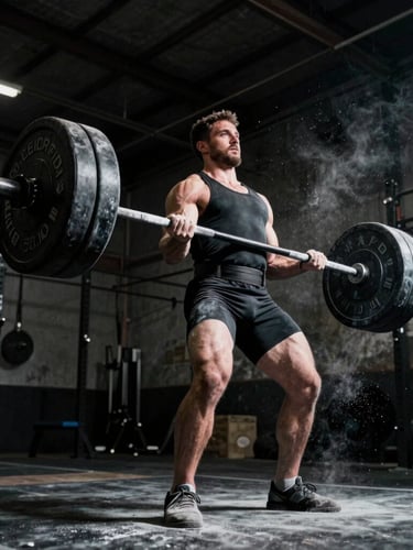 Low-angle dramatic low-key sports photography of a male powerlifter gripping a heavily loaded barbell, chalk dust floating in the air, dark warehouse gym background, cinematic 35mm film.