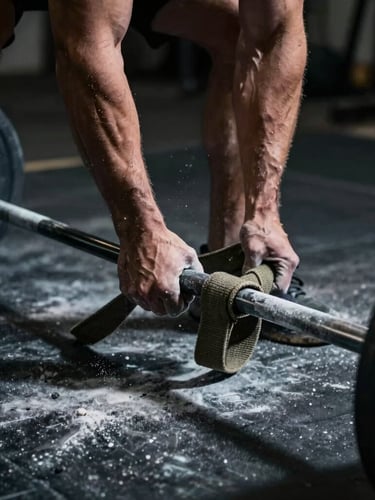 Close-up cinematic shot of a male powerlifter's calloused hands wrapping heavy canvas straps around a knurled steel barbell, dramatic low-key side lighting, high contrast shadows, chalk dust floating in the air
