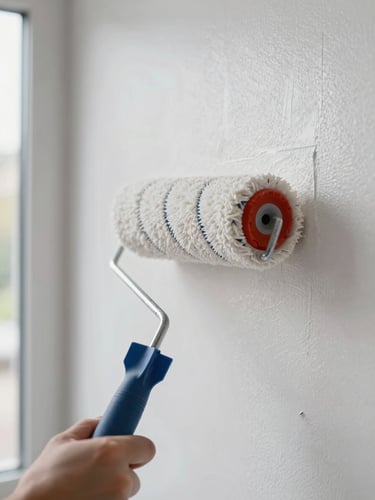 Close-up detail shot of a paint roller held against a freshly painted smooth white wall, roller leaving a clean even finish, natural daylight from a window to the left, no people visible — only the tool and the completed surface, tight framing filling the frame