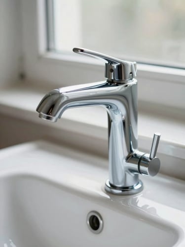Close-up tight shot of a newly installed chrome basin tap and pipework, water-clear fixtures gleaming under natural north-facing window light, white ceramic sink surround visible at the edge, no people, documentation-style framing