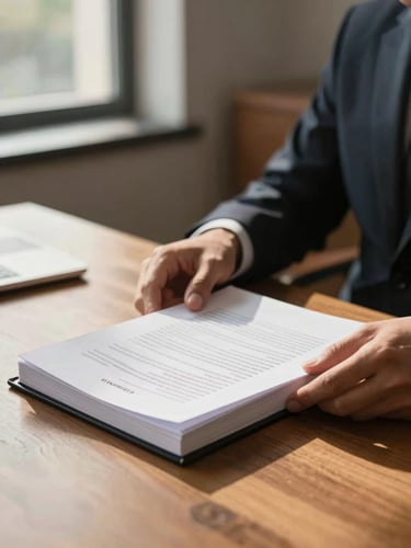 Close-crop over-the-shoulder shot of a lawyer's hands turning pages of a thick legal brief on a warm wood desk, warm window light from the left casting soft amber shadows, selective focus on the document pages, modern office background softly blurred