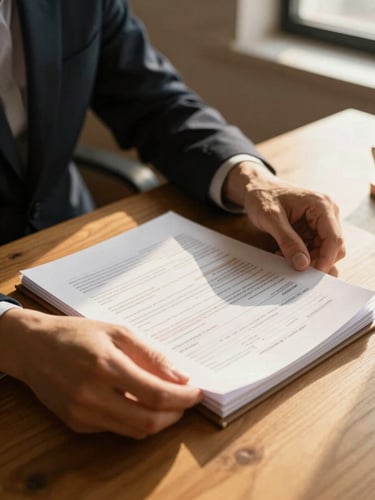 Close-up of professional hands organizing financial documents on a clean wooden desk, warm golden-hour sunlight casting soft shadows, 35mm photography