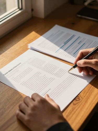 Structured overhead shot of a clean, organized desk with hands reviewing financial documents, warm golden-hour window light, rich amber tones, sharp focus