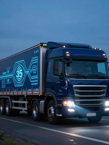 Cinematic side-view of a heavy-duty cargo truck driving on a Brazilian highway at dusk, glowing headlights casting blue light, clean vector digital telemetry path overlaid, sharp focus, 35mm