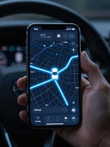 Close-up of a hand holding a modern smartphone displaying a high-tech GPS tracking map interface with electric blue routes, glowing vehicle marker, dark vehicle interior background, dramatic cinematic lighting