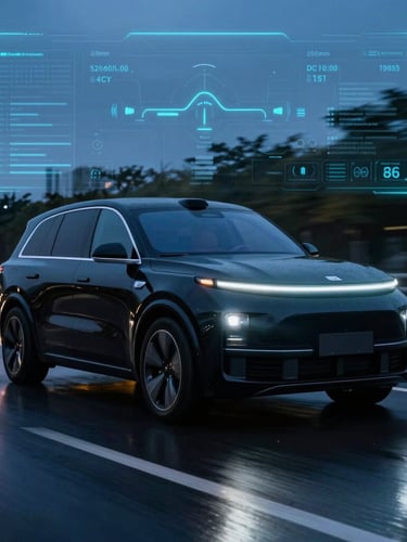 Sleek modern black SUV speeding through a wet city street at dusk, glowing headlights, electric blue light trails reflecting on the asphalt, high-tech telemetry overlay, sharp focus, 35mm