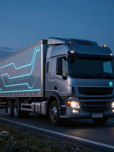 Sleek heavy-duty truck driving through a rural highway at dusk, illuminated by glowing cyan digital telemetry lines mapping its path, sharp focus, cinematic.