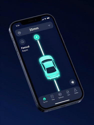 Sleek modern smartphone displaying a high-tech GPS tracking app interface, real-time vehicle route highlighted in glowing neon cyan, dark navy background, cinematic lighting, 35mm.