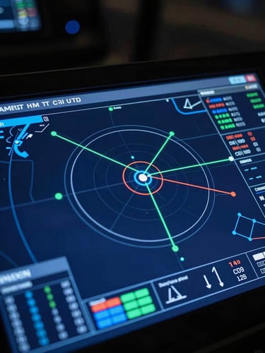 Close-up of a high-tech digital control room dashboard showing glowing GPS tracking maps, real-time telemetry lines, deep navy and electric blue tones, sharp focus, 35mm