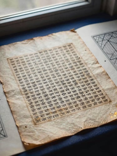 Overhead flat-lay of ancient Sanskrit palm-leaf manuscripts and geometric chart drawings on heavy hand-made paper, soft library window light, deep indigo shadows and warm gold highlights
