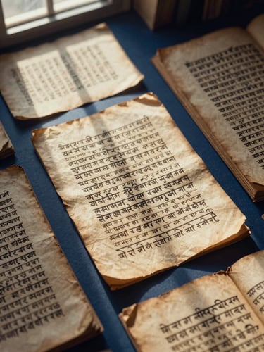 Overhead flat-lay of ancient Sanskrit palm-leaf manuscripts under soft library window light, deep indigo shadows, warm gold paper tones, scholarly editorial style.