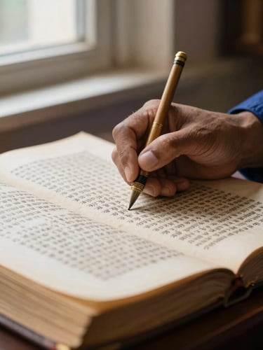 Close-up of a scholar's hand translating ancient palm-leaf scriptures, soft natural library light, shallow depth of field, scholarly editorial style.