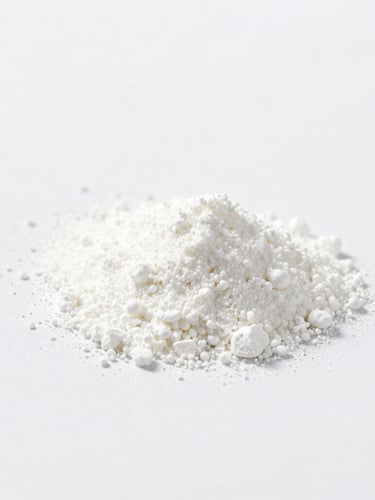Macro shot of pure white amino acid powder on a clean white laboratory surface, bright studio lighting, sharp focus, minimalist composition, 50mm.