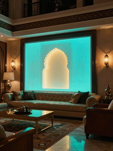 Dramatic low-key architectural photography of a luxury Moroccan villa living room, a glowing smart LED art installation casting soft cyan and gold light, 35mm