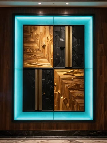 Straight-on architectural shot of a luxury hotel lobby, a monumental illuminated wood and black metal artwork glowing with soft cyan and gold on the main wall, low-key dramatic lighting, 35mm