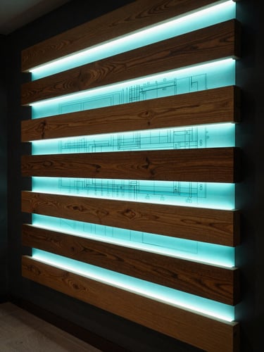 A technical architectural blueprint of a custom light installation layered over raw oak wood, dramatic low-key lighting, soft cyan glow highlighting the vector lines, 35mm