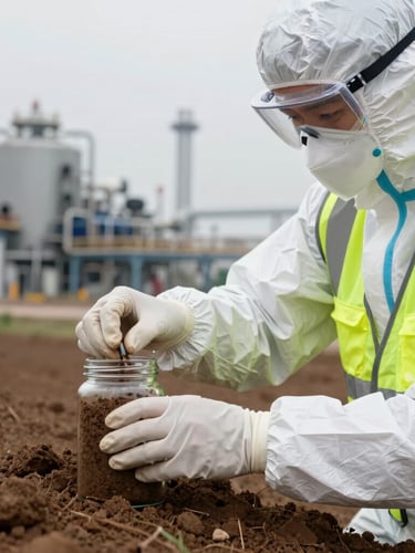 Close-up of an environmental engineer in a white protective suit and high-visibility vest sealing a soil sample jar on-site, industrial facility blurred in the background under overcast daylight, sharp focus on technical action.