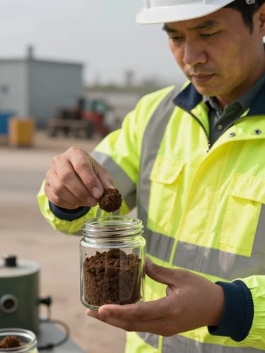 Close-up of a professional environmental engineer in high-visibility safety gear placing a soil core sample into a sealed glass container on an industrial site, daylight.