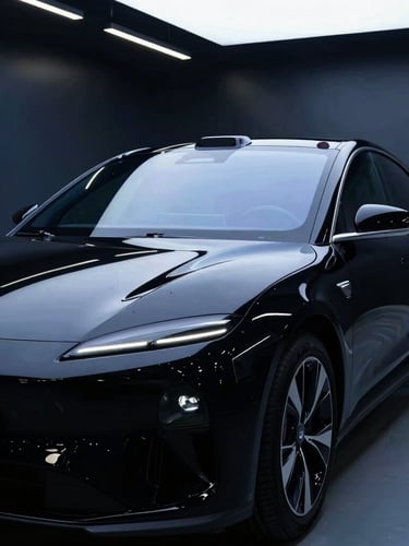 Low-angle heroic shot of a pristine black electric sedan in a dark, high-end detailing studio, LED light bars reflecting perfectly off the flawless paint curve, 85mm lens