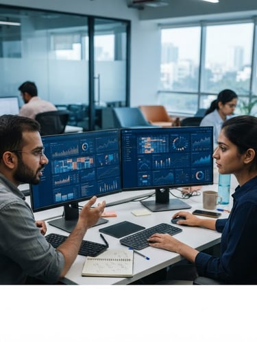 Analysts collaborating over dual monitors in a modern Bangalore office, showing complex data dashboards, cool office daylight with subtle screen-glow, crisp editorial photography.
