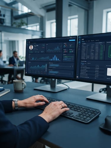 Crisp editorial photography, cool office daylight with subtle screen glow, deep blues, sharp focus, 50mm. Close-up of an analyst's hands on a keyboard, dual monitors showing complex KYC data dashboards, structured UI elements, and a green 'verified' status, with a hint of architectural geometry in the background.