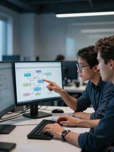 Crisp editorial photography, cool office daylight with subtle screen glow, deep blues, sharp focus, 50mm. Two analysts collaborating intensely over dual monitors in a modern, structured office environment, one pointing at a screen displaying a flow diagram of entity resolution.